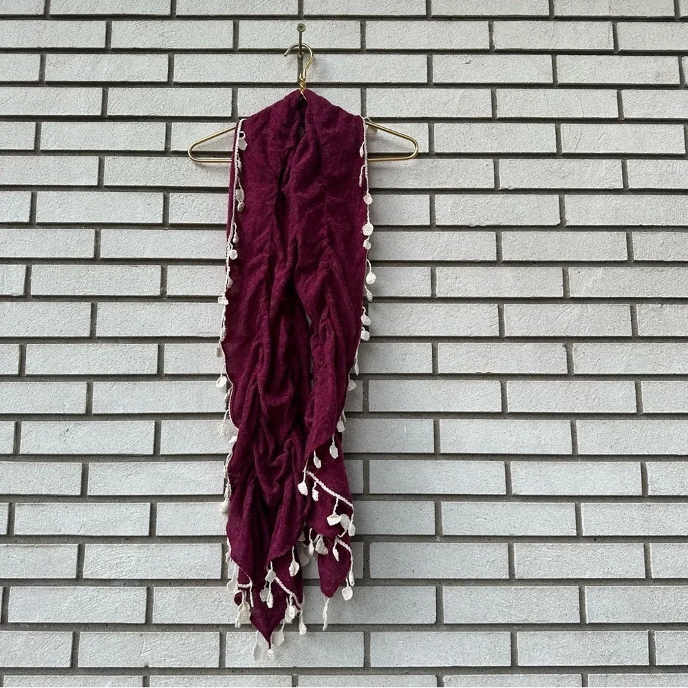 Raspberry Red Wool Feel Scarf Ivory Crochet Fringe Boho Cottagecore Wrap